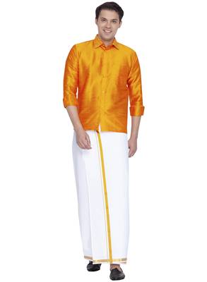Orange plain silk blend dhoti-kurta 1