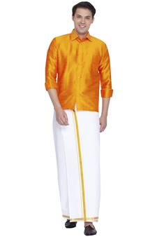 Orange plain silk blend dhoti-kurta