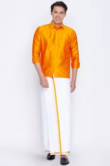 Orange plain silk blend dhoti-kurta