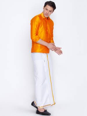 Orange plain silk blend dhoti-kurta 3