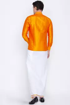 Orange plain silk blend dhoti-kurta