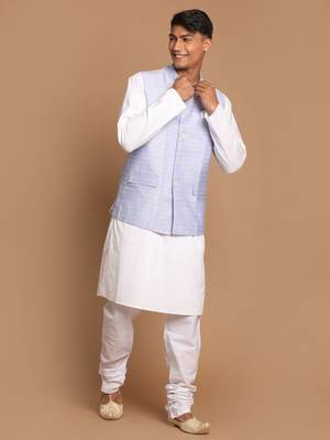 Blue And White Pure Cotton Jacket, Kurta And Pyjama Set 1
