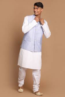 Men'S Blue And White Pure Cotton Jacket, Kurta And Pyjama Set