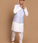 Blue And White Pure Cotton Jacket, Kurta And Pyjama Set