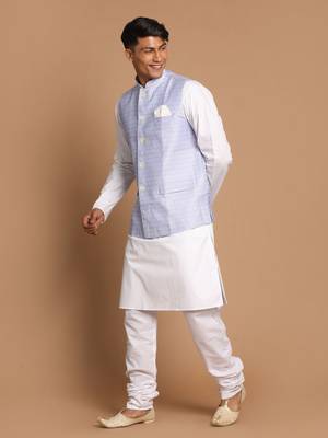 Blue And White Pure Cotton Jacket, Kurta And Pyjama Set 2