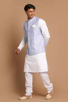 Blue And White Pure Cotton Jacket, Kurta And Pyjama Set