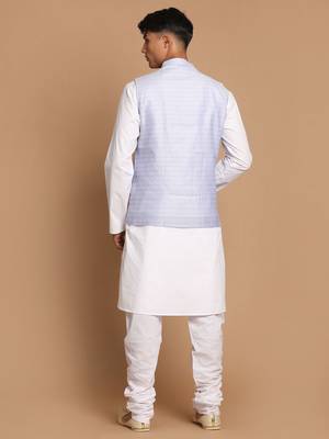 Blue And White Pure Cotton Jacket, Kurta And Pyjama Set 3