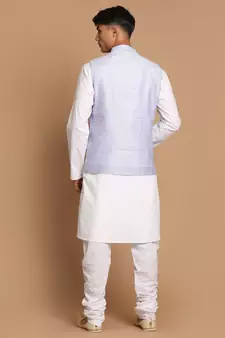 Blue And White Pure Cotton Jacket, Kurta And Pyjama Set