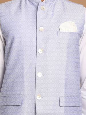 Blue And White Pure Cotton Jacket, Kurta And Pyjama Set 4