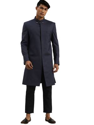 Blue plain silk blend sherwani 1
