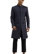 Blue plain silk blend sherwani