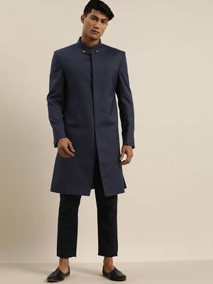Blue plain silk blend sherwani 2