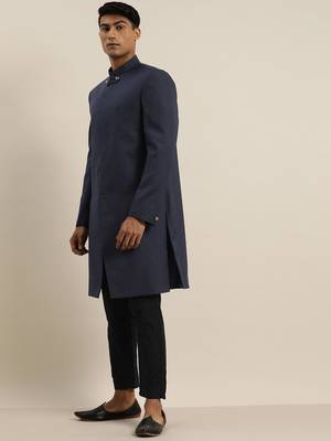 Blue plain silk blend sherwani 5