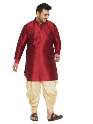 Men'S Maroon And Gold Silk Blend Kurta And Dhoti Set 1