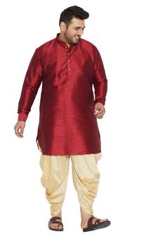Men'S Maroon And Gold Silk Blend Kurta And Dhoti Set