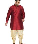 Men'S Maroon And Gold Silk Blend Kurta And Dhoti Set