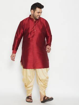 Men'S Maroon And Gold Silk Blend Kurta And Dhoti Set 2