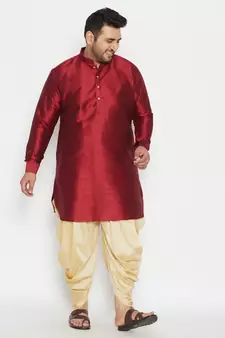 Men'S Maroon And Gold Silk Blend Kurta And Dhoti Set