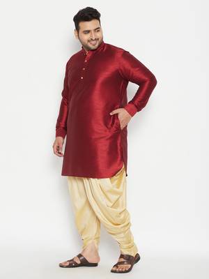 Men'S Maroon And Gold Silk Blend Kurta And Dhoti Set 3