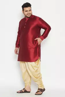 Men'S Maroon And Gold Silk Blend Kurta And Dhoti Set