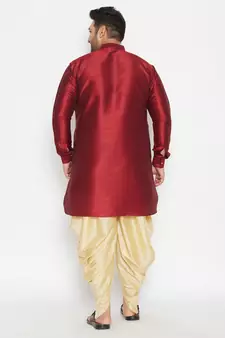 Men'S Maroon And Gold Silk Blend Kurta And Dhoti Set