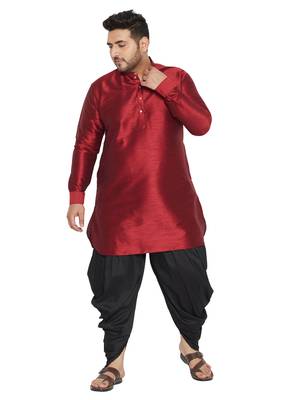 Men'S Maroon And Black Silk Blend Kurta And Dhoti Set 1