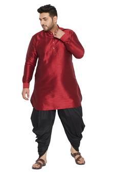 Men'S Maroon And Black Silk Blend Kurta And Dhoti Set