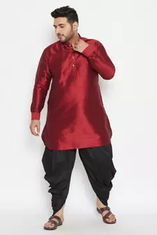 Men'S Maroon And Black Silk Blend Kurta And Dhoti Set