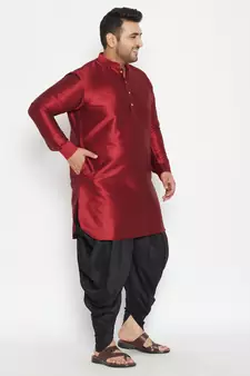 Men'S Maroon And Black Silk Blend Kurta And Dhoti Set