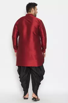 Men'S Maroon And Black Silk Blend Kurta And Dhoti Set