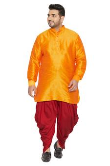 Men'S Orange And Maroon Silk Blend Kurta And Dhoti Set