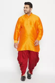 Orange And Maroon Silk Blend Kurta And Dhoti Set
