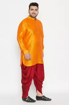 Orange And Maroon Silk Blend Kurta And Dhoti Set