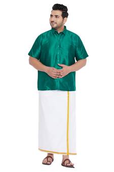 Green plain silk blend dhoti-kurta