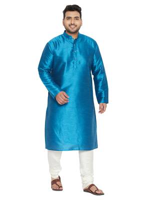 Turquoise And Cream Silk Blend Kurta Pyjama Set 1
