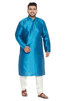 Men'S Turquoise And Cream Silk Blend Kurta Pyjama Set