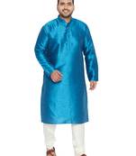 Turquoise And Cream Silk Blend Kurta Pyjama Set
