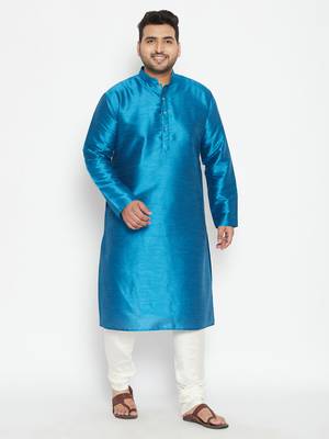 Turquoise And Cream Silk Blend Kurta Pyjama Set 2