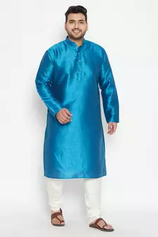 Turquoise And Cream Silk Blend Kurta Pyjama Set