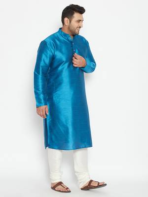 Turquoise And Cream Silk Blend Kurta Pyjama Set 3