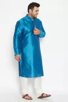 Turquoise And Cream Silk Blend Kurta Pyjama Set