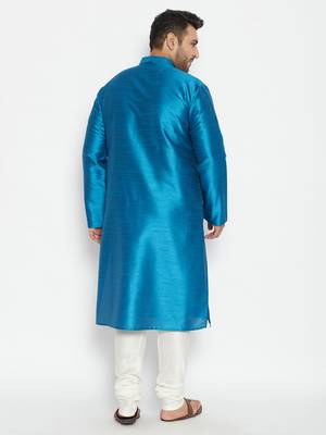 Turquoise And Cream Silk Blend Kurta Pyjama Set 4