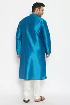 Turquoise And Cream Silk Blend Kurta Pyjama Set