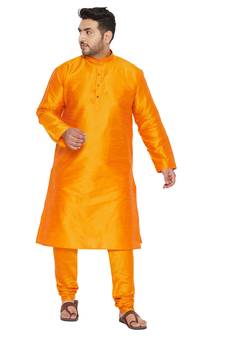 Men'S Orange Silk Blend Kurta Pyjama Set