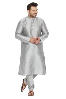 Men'S Grey Silk Blend Kurta Pyjama Set