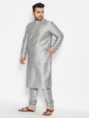 Grey Silk Blend Kurta Pyjama Set 3