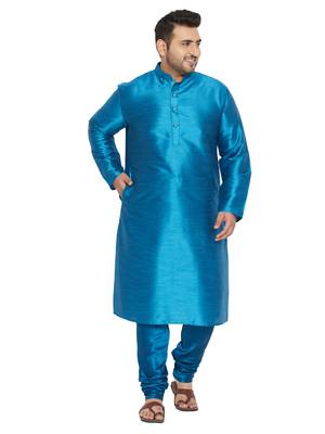 Men'S Turquoise Silk Blend Kurta Pyjama Set 1