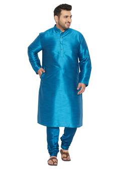 Men'S Turquoise Silk Blend Kurta Pyjama Set
