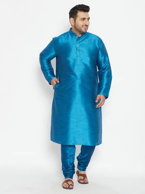 Men'S Turquoise Silk Blend Kurta Pyjama Set 2