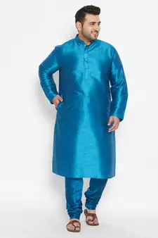 Men'S Turquoise Silk Blend Kurta Pyjama Set